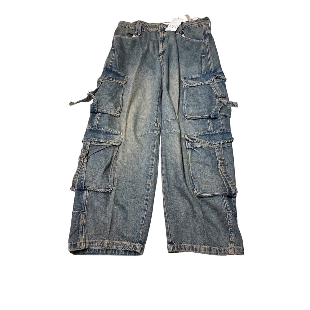 NWT Zara Blue Denim Mid Rise Cargo Pants Multi Pocket Buckle Womens 12 34X30